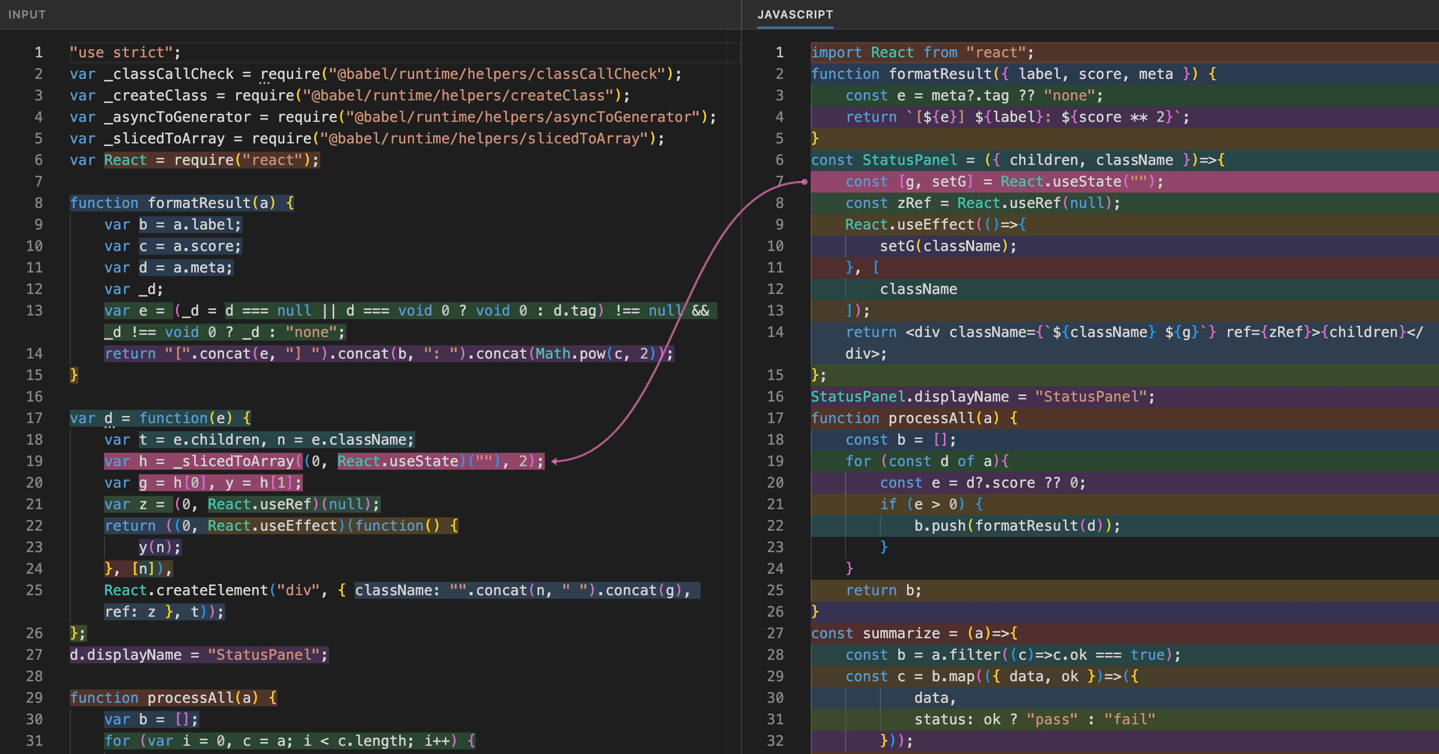 Mapping view: each output line colored by its input line, with a hovered pair connected by an arrow
