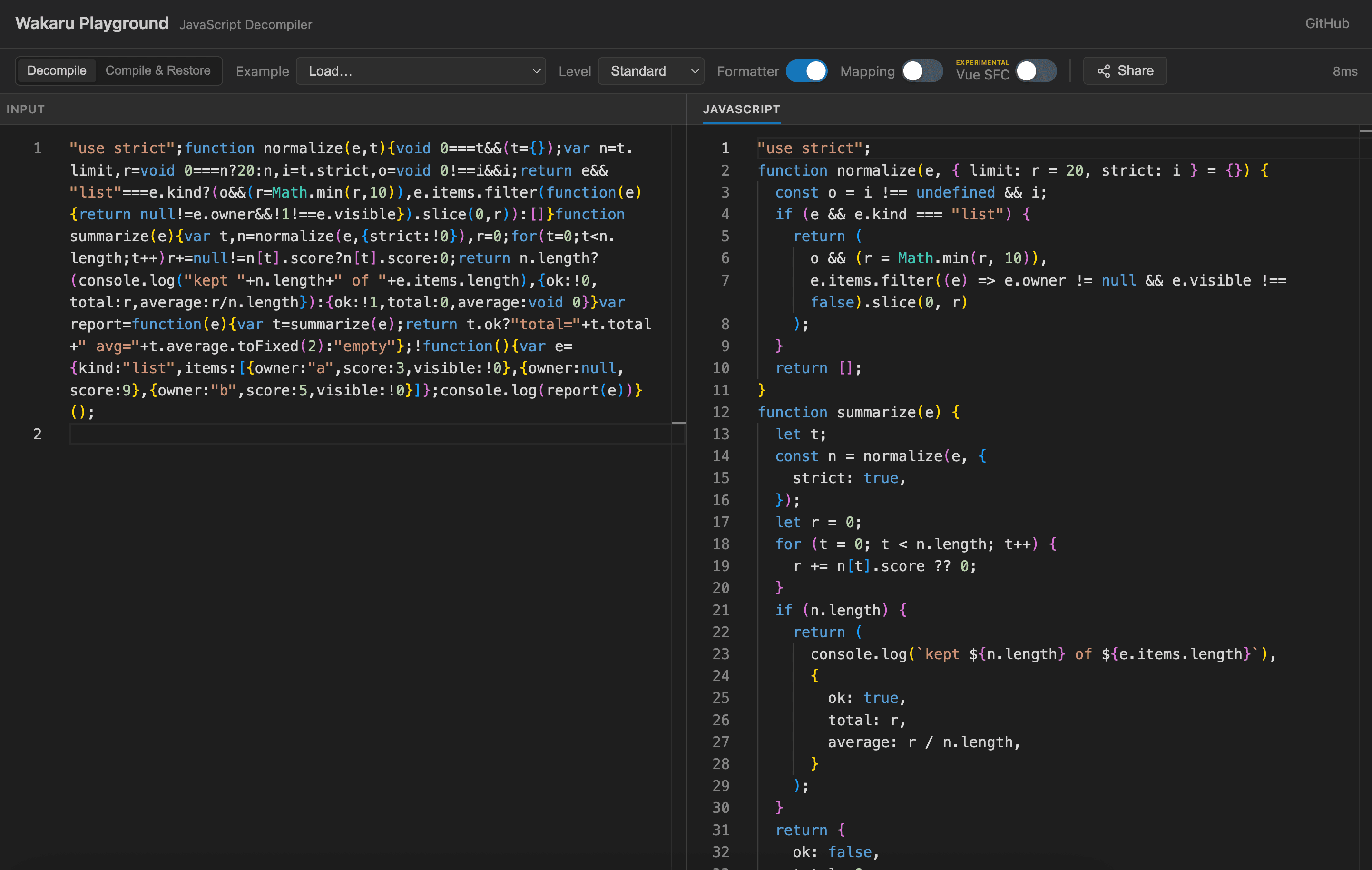 The playground: minified input on the left, decompiled JavaScript on the right