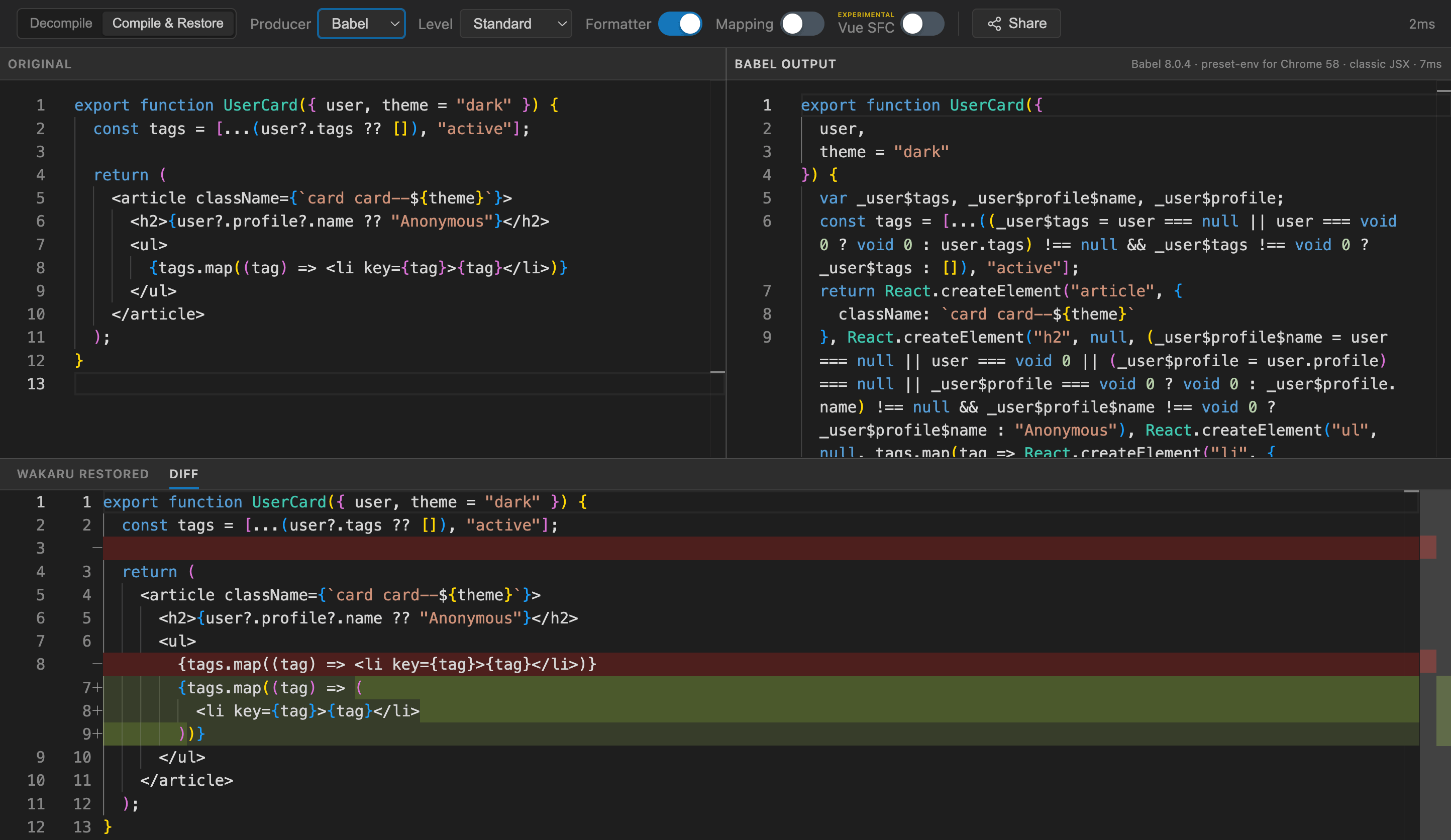 Compile & Restore: original source, Babel output, and the Diff tab comparing Wakaru's output against the original