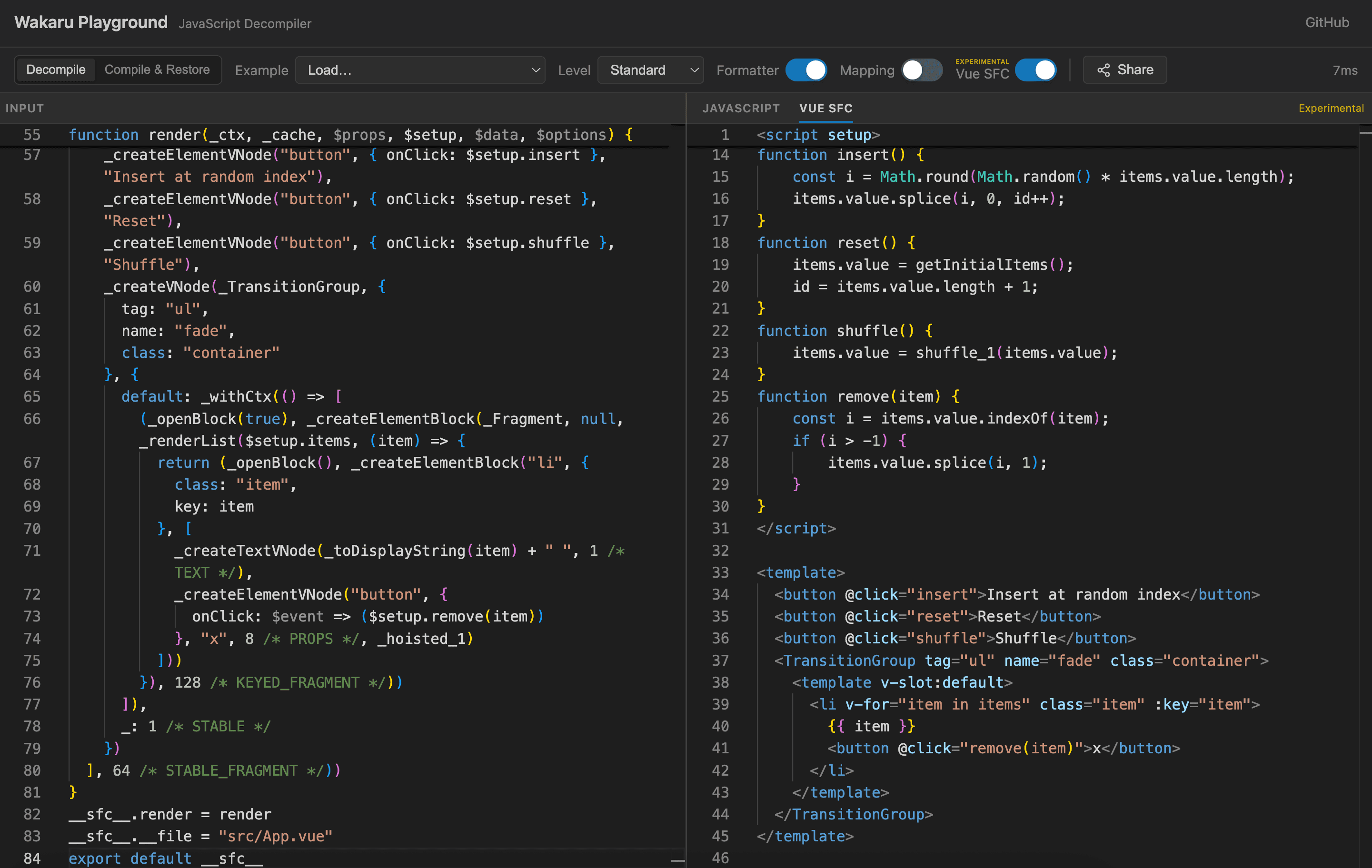 Vue SFC tab showing a recovered script setup block and template next to the compiled render function